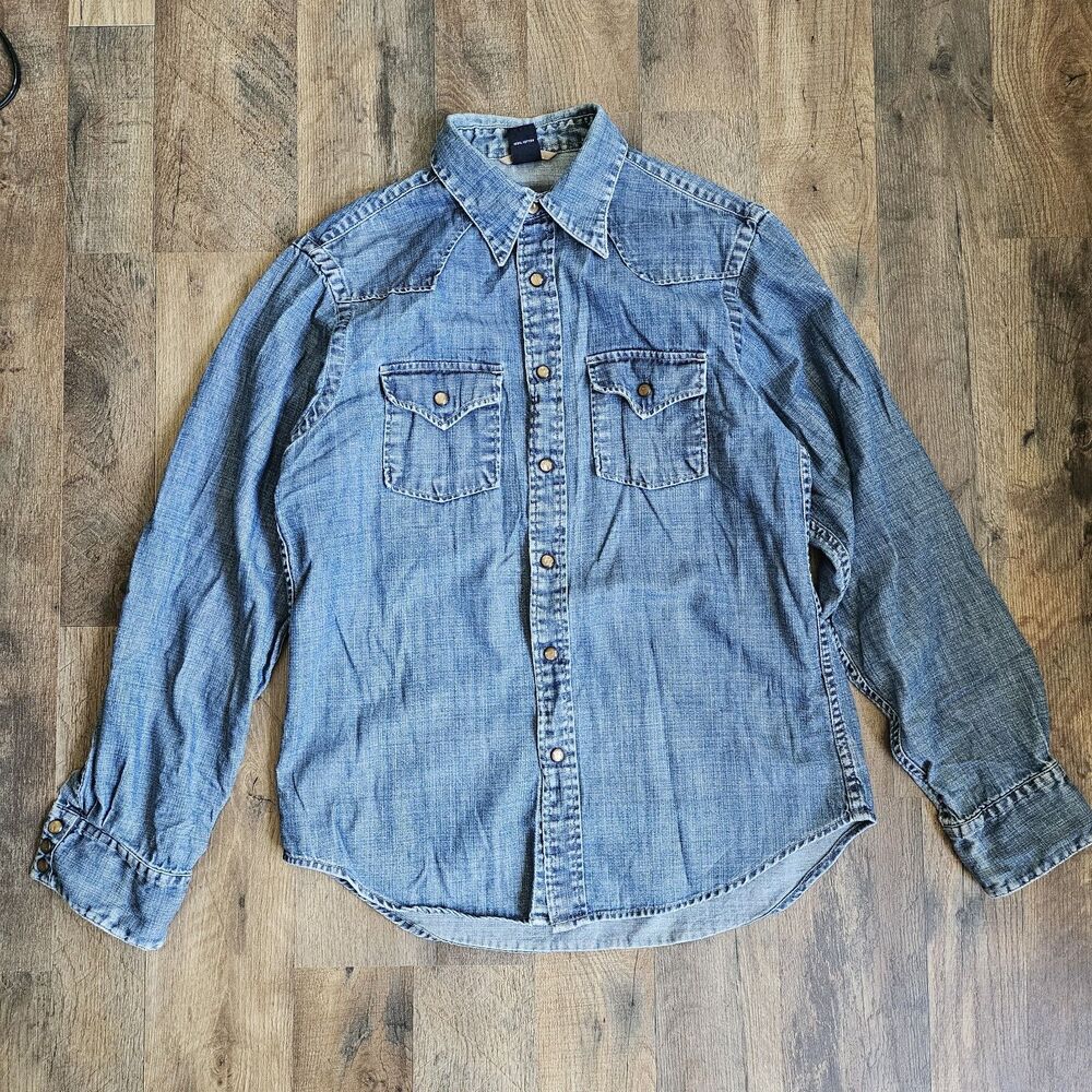 Vintage Gap Blue Denim Western Pearl Snap Button Down Shirt S